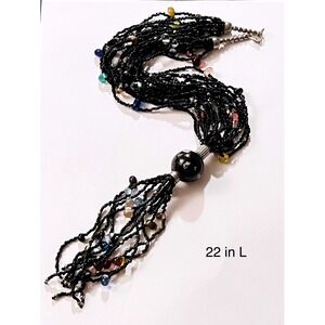 VTG Multi Necklace Boho tassel Art Glass beads Black Colorful Statement Venetian